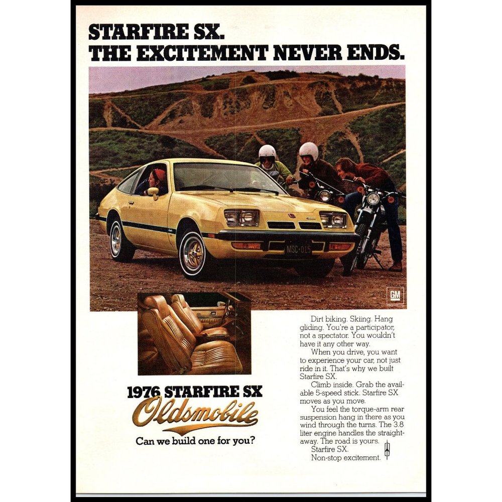 1976 Oldsmobile Starfire SX Hatchback Vintage Print Ad Dirt Bikes Wall Art